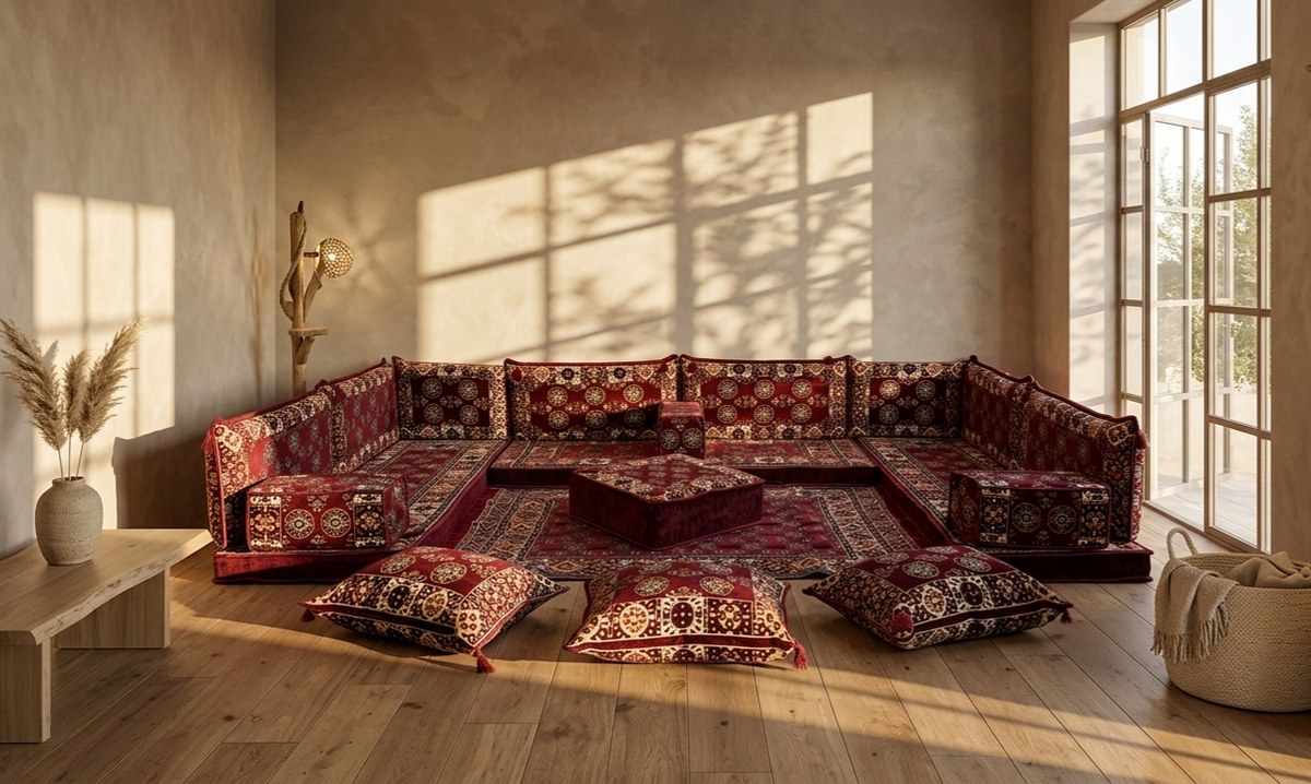 Brocade-Sitzgruppe in Rot mit Mustern, Majlis-Home Marke, traditionelles Design, im Wohnzimmer mit natürlichem Licht.