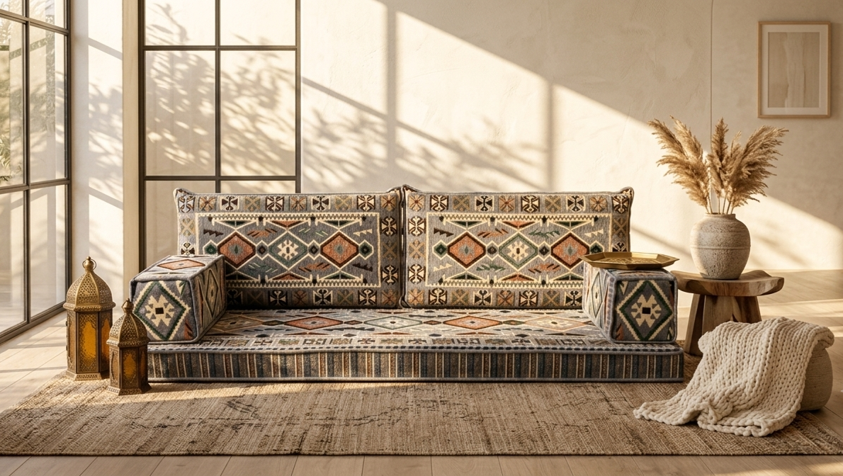 Majlis-Home Diamond Sofa mit buntem, geometrischem Stoffmuster, auf Teppich in modernem Wohnzimmer mit großen Fenstern und Dekorationsgegenständen