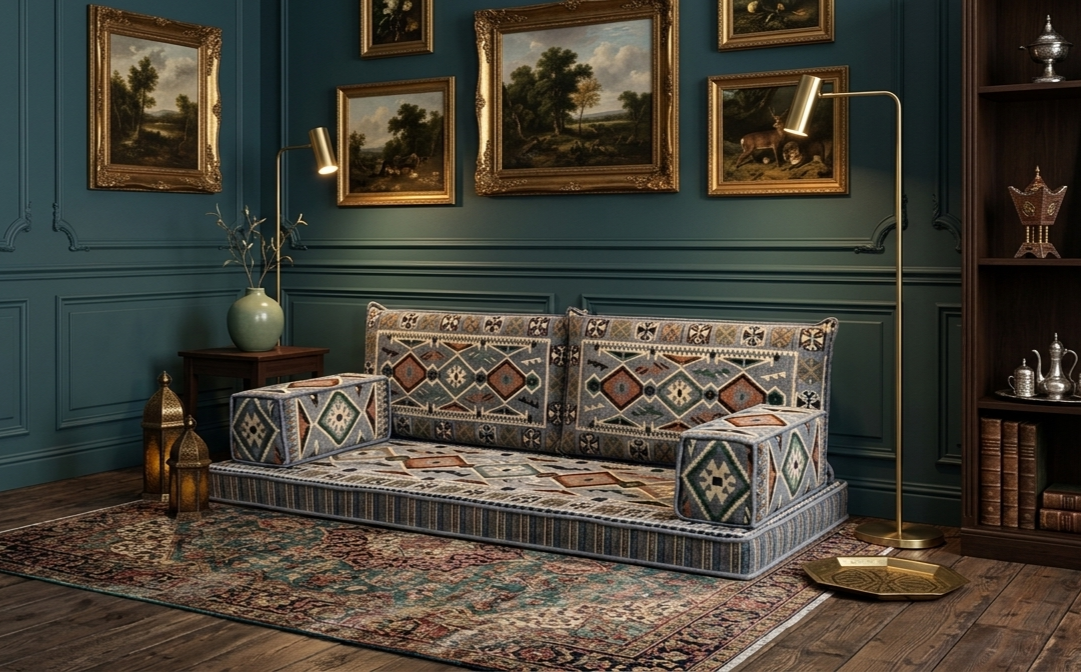Diamant-Sofa von Majlis-Home mit geometrischem Muster, Stoffbezug in Blau, in einem eleganten Wohnzimmer mit Kunstwerken an der Wand.
