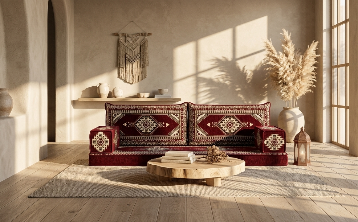 Roter Majlis-Home Royal Sofa mit geometrischem Muster, Stoffbezug, in einem stilvollen Wohnzimmer mit natürlichem Licht.