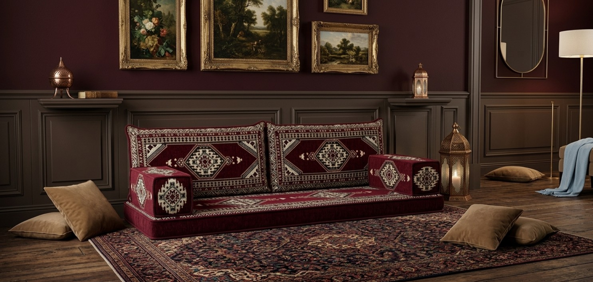 Majlis-Home ROYAL Design mit eleganten Mustern auf hellem Stoff, stilvolle Wohntextilien für modernes Interieur