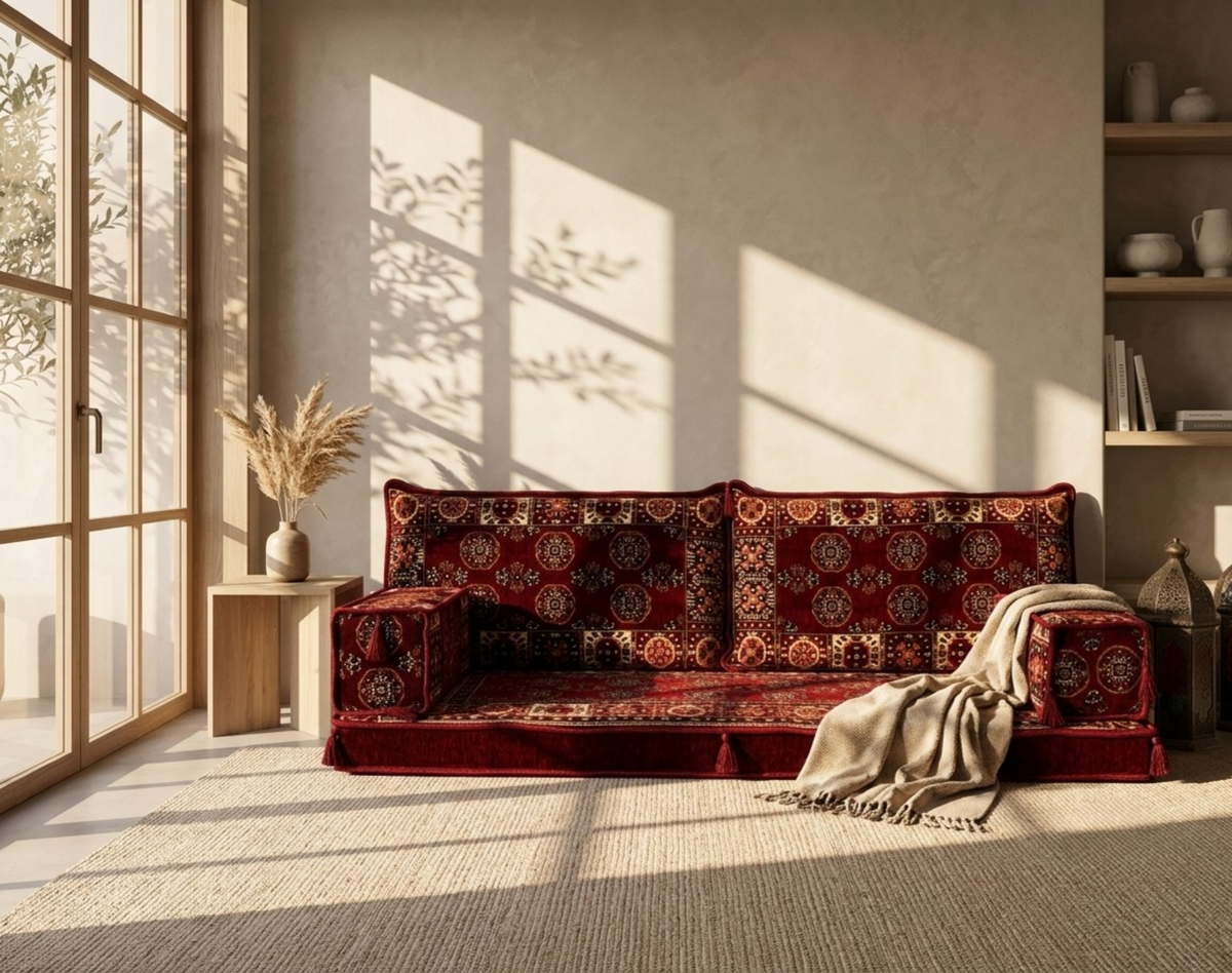 Brocade-Muster auf einem eleganten, dekorativen Stoff von Majlis-Home, Detailaufnahme der filigranen Webkunst.