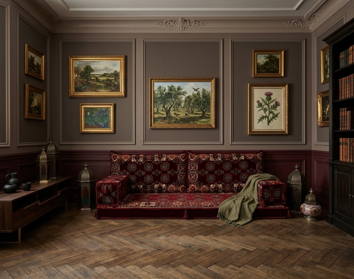 Brocade Vorhang von Majlis-Home mit eleganten goldenen Mustern auf dunklem Stoff, dekorativ und luxuriös.
