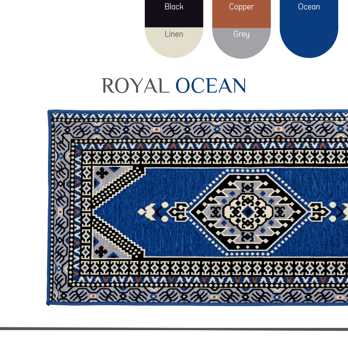 Majlis-Home ROYAL Teppich mit geometrischem Muster in warmen Farbtönen, Blick auf detailreiche Webkunst und Textur.