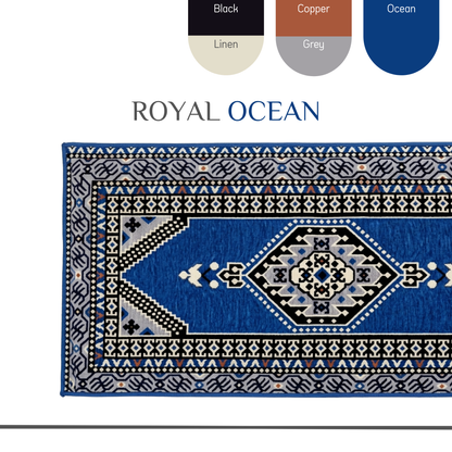 Majlis-Home ROYAL Teppich mit geometrischem Muster in warmen Farbtönen, Blick auf detailreiche Webkunst und Textur.