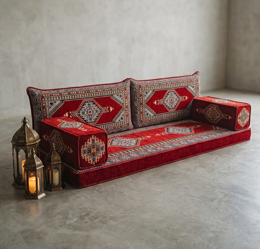 Majlis-Home Royal Sofa in eleganter Gestaltung mit weichem Stoff und stilvollem Design, sichtbare Details des Sofas in der Abbildung