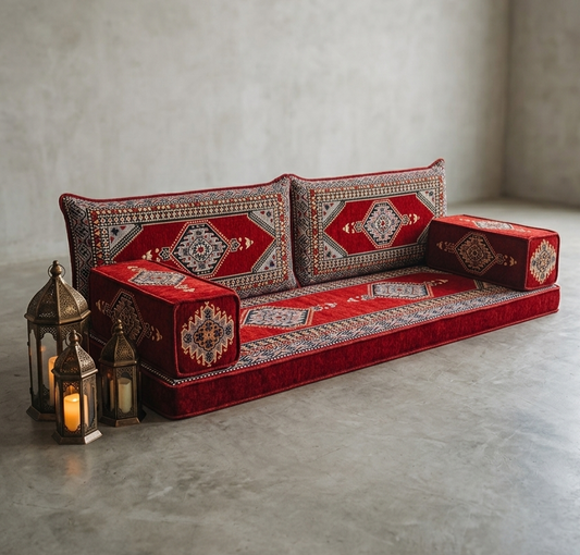 Majlis-Home Royal Sofa in eleganter Gestaltung mit weichem Stoff und stilvollem Design, sichtbare Details des Sofas in der Abbildung