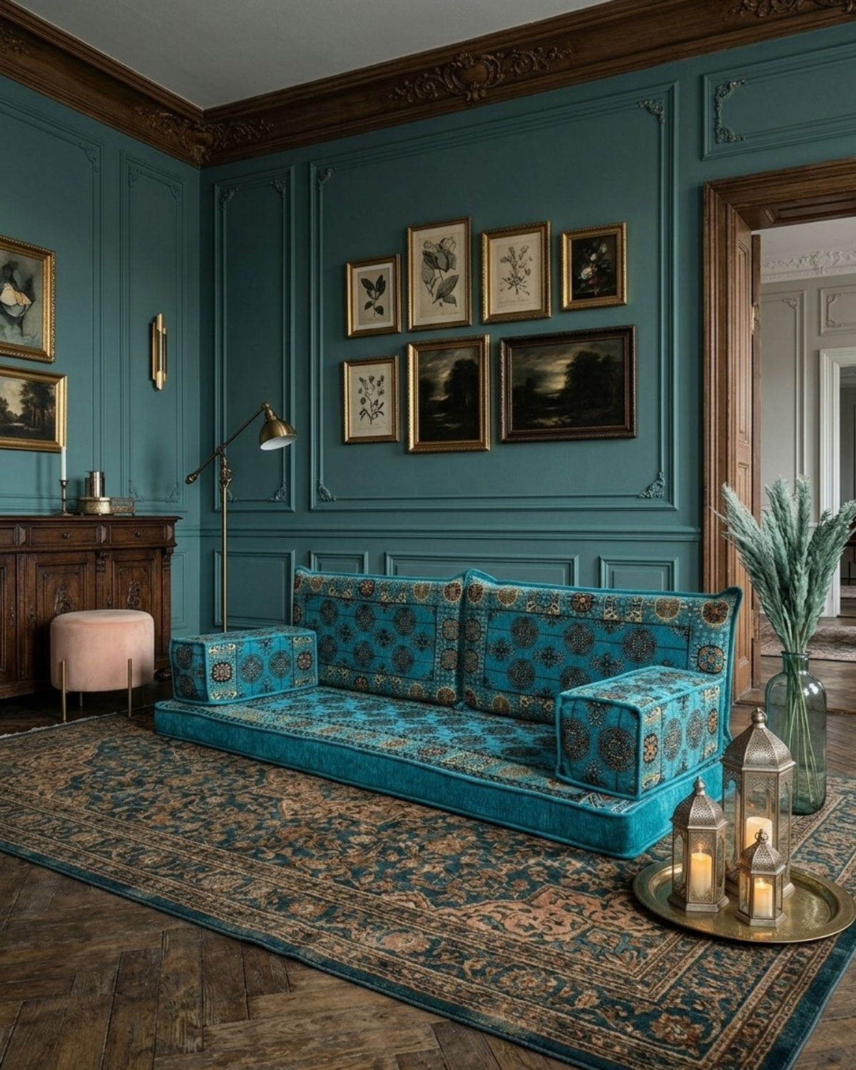 Brocade-Muster auf einem dekorativen Stoff von Majlis-Home, Nahaufnahme der detaillierten, goldenen Stickerei und Textur.