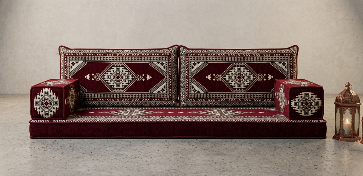 Majlis-Home ROYAL Teppich mit traditionellem Muster und warmen Farben, handgefertigt, sichtbare Textur und Fransen am Rand