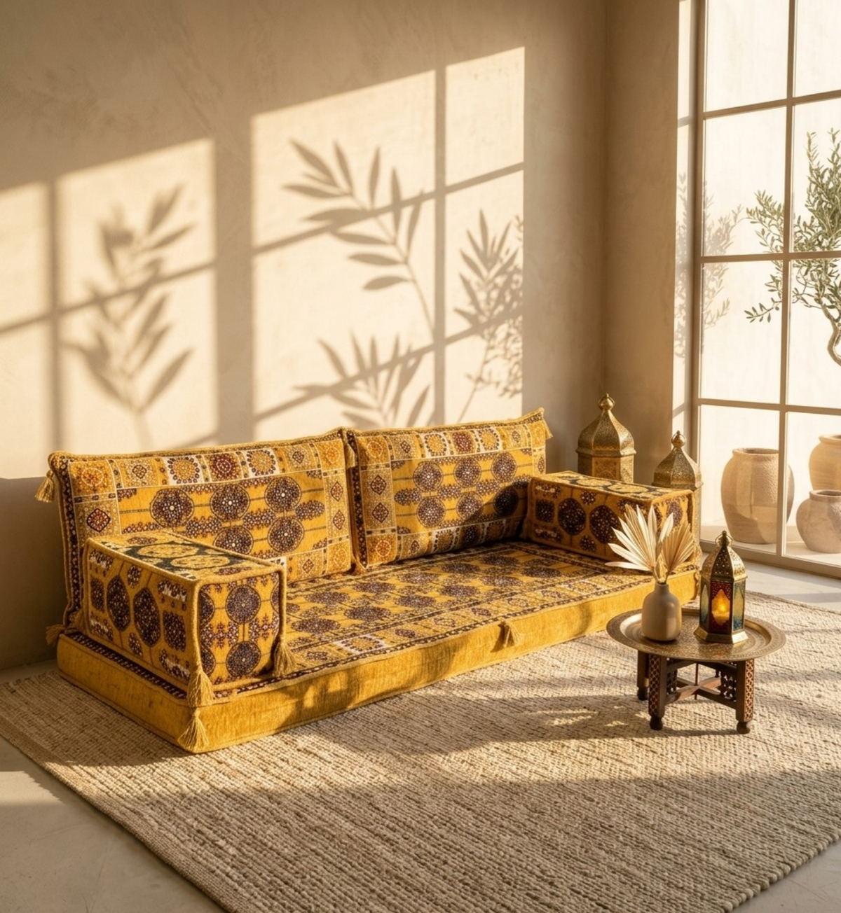 Brocade Stoffmuster von Majlis-Home, detaillierte Nahaufnahme eines eleganten, texturierten Stoffdesigns in warmen Farbtönen