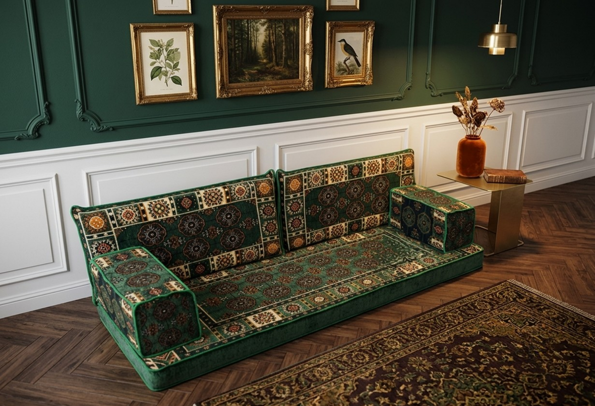 Brocade-Muster auf einem stilvollen Textil von Majlis-Home, detailreiche Stoffqualität und elegante Textur sichtbar